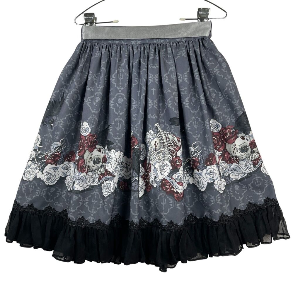 Cha Cha Gothic Skirt Large Roses Skulls Crows Satin Bow Ruffle Hem Alt Fashion